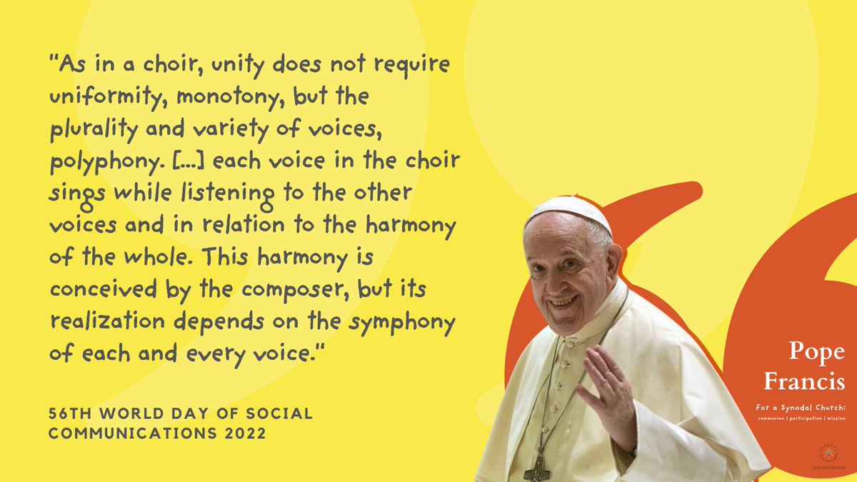 Synod_va's tweet photo. "Let us pray that it will be a great opportunity to listen to one another. Communion, in fact, is not the result of strategies and programmes, but is built in mutual listening between brothers and sisters.'' #Synod
Pope Francis, 56th World Day of Social Communications 2022 https://t.co/WDE5nbgdzl