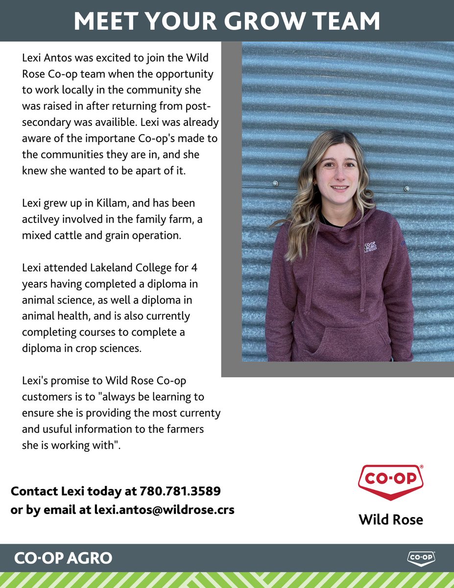 Here's another great member of our Wild Rose Co-op Grow Team- Lexi Antos! Lexi works out of our Viking Agro Centre and you can contact her at 780.781.3589 today!

#wearecoop <a href="/WRC_GrowTeam/">Wild Rose Grow Team</a>