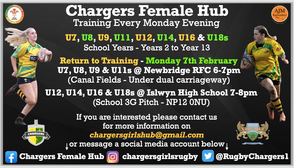 Chargers Girls Rugby (@rugbychargers1) on Twitter photo Return to Training | Chargers Rugby🔰
The moment you have all been waiting for… confirmation of a return to training for all age groups on …
✨ Monday 7th February ✨
U7/U8/U9/U11 <a href="/newbridgerfc/">Newbridge Rugby</a> 6-7pm
U12/U14/U16/U18 <a href="/IslwynHigh/">Islwyn High School</a> 7-8pm
#WeAreChargers #CmonTheGirls💛🏉 Return to Training | Chargers Rugby🔰
The moment you have all been waiting for… confirmation of a return to training for all age groups on …
✨ Monday 7th February ✨
U7/U8/U9/U11 <a href="/newbridgerfc/">Newbridge Rugby</a> 6-7pm
U12/U14/U16/U18 <a href="/IslwynHigh/">Islwyn High School</a> 7-8pm
#WeAreChargers #CmonTheGirls💛🏉