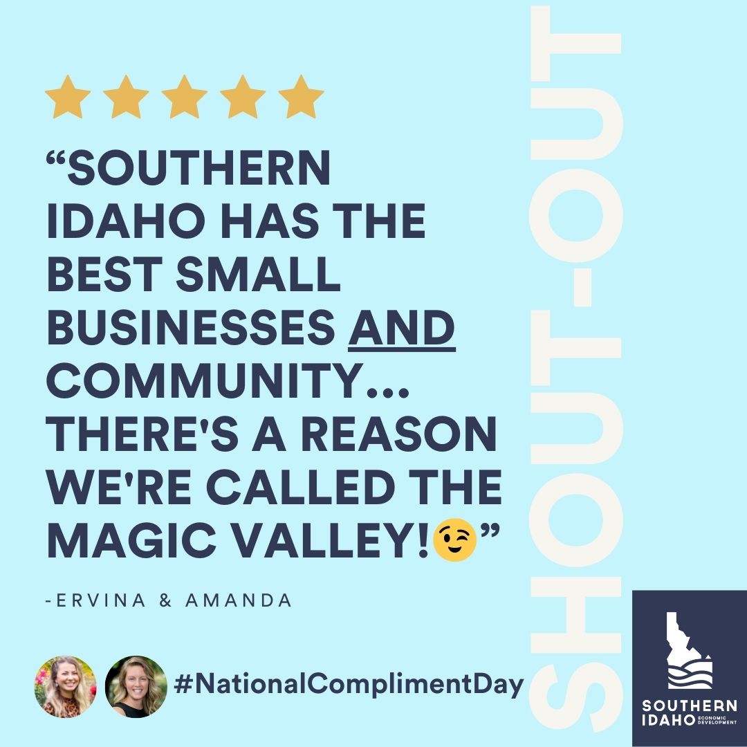 SouthernIdahoED's tweet photo. Celebrate National Compliment Day with us by raving about your favorite small businesses! 🎊🥳🎉
1️⃣ Head to their Facebook or Google.
2️⃣ Leave them a STELLAR review!
3️⃣ Include these hashtags: #MagicValleyStrong and #NationalComplimentDay. https://t.co/1FrCrGqS7F