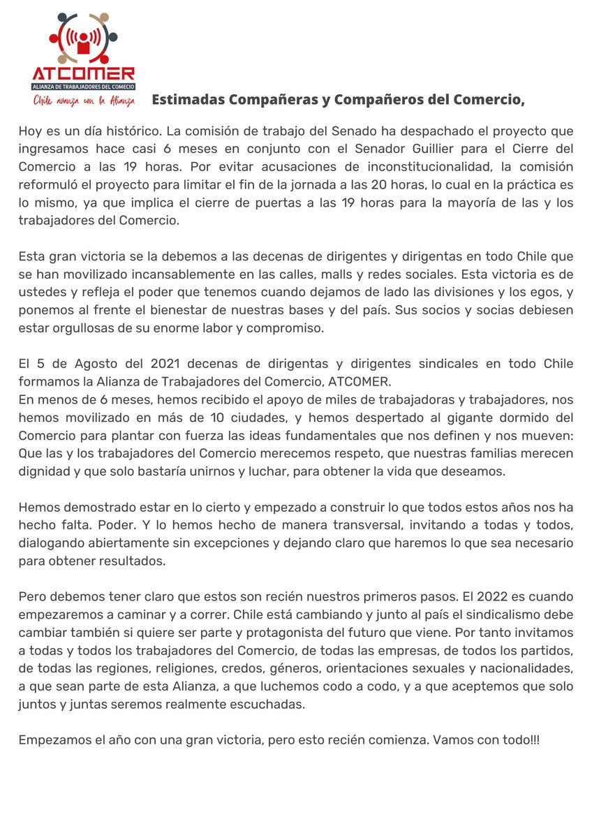 Victoria! Después de meses de lucha en las calles, malls y RRSS, el proyecto que ingresó ATCOMER ha sido despachado de la Comisión de Trabajo del Senado. Reconocimiento a <a href="/carolinagoic/">carolinagoic</a> <a href="/jplchile/">Juan Pablo Letelier</a> @_adrianamunoz. Por favor Sen. <a href="/ximerincon/">Ximena Rincón</a> ponga en votación el 26/1! <a href="/uniamericas/">UNI Américas</a>