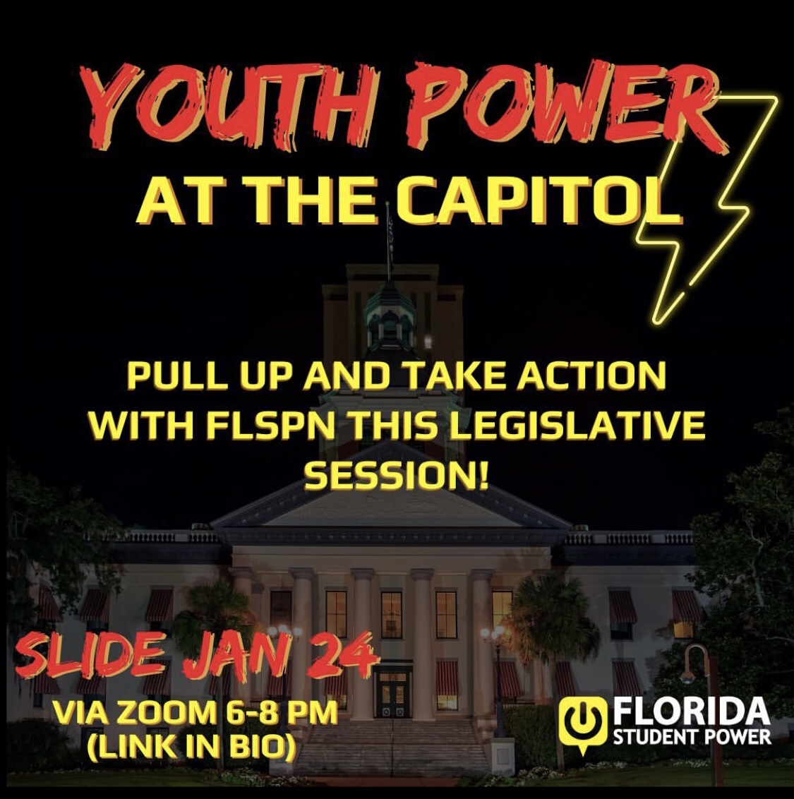 📣TONIGHT: FLSPN Youth Power @ The Capitol

Pull up to @<a href="/FlStuPwr/">FL Student Power</a>'s strategy call TONIGHT on Zoom @6PM EST to get into how youth will be mobilizing around climate, education, migrant, and racial justice. RSVP: us02web.zoom.us/meeting/regist…