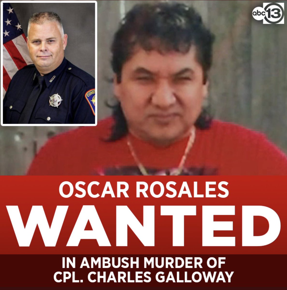 PLEASE RT! 🚨 51-year-old Oscar Rosales is the suspect whom authorities say shot and killed @HCpct5 Corporal Charles Galloway, who was performing a traffic stop when he died. Rosales is 'armed and dangerous.' Get updates here: abc13.com/11504213/