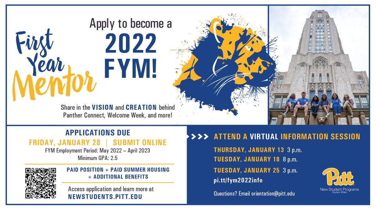 PittResLife's tweet photo. Interested in becoming a First Year Mentor? Attend the next virtual info session on January 25th at 3pm! Don't forget to submit your applications by January 29th! For more information about @PittFYMs visit https://t.co/oyiRsQj26o https://t.co/rY53sNG7M2