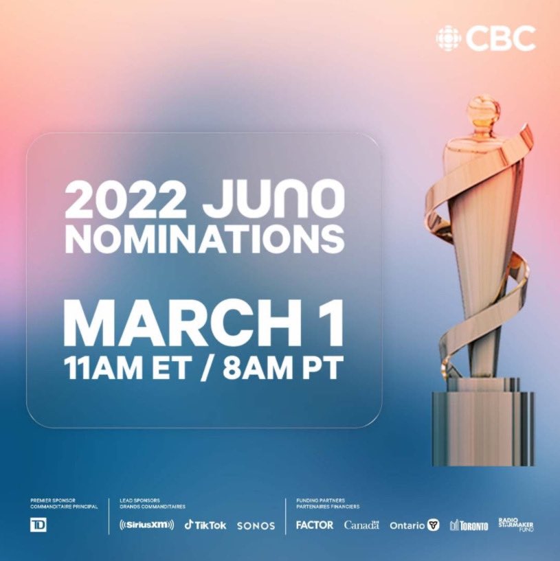 rockitpromo's tweet photo. 📣 SAVE THE DATE! 📣
 
The 2022 JUNO Award Nominations will be announced on March 1st at 11am ET/8am PT. @thejunoawards
 
Who do you hope to see at the 51st Annual JUNO Awards?

#clientlove #junos2022 https://t.co/0ppu2S1UQG