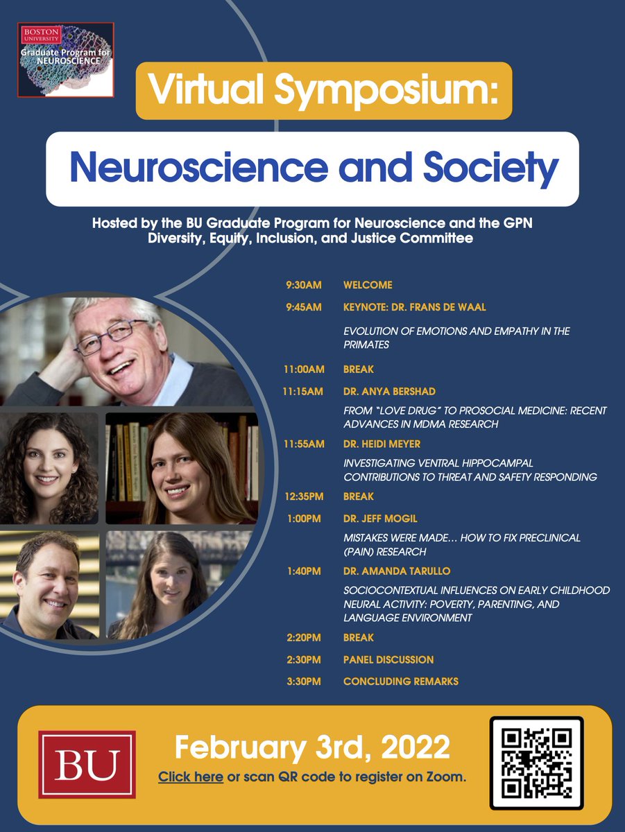 Mark your calendars!! BU GPN and DEIJ's "Virtual Symposium: Neuroscience and Society" will be held on Thursday Feb. 3rd 2022 from 9:30AM to 4:00PM EST. Registration link in the comments.