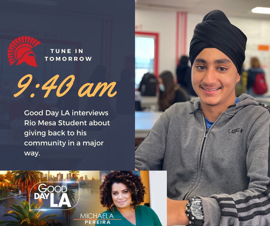OxnardUnion (@oxnardunion) on Twitter photo Tune in tomorrow to Good Day LA!!
Michaela Pereira will be interviewing Rio Mesa Sophomore Harnoon Singh about all of his accomplishments including how he gave back to the community in a major way during COVID.
January 25th at 9:40 am on FOX 11 News. <a href="/rmhs_spartans/">Rio Mesa HS</a> <a href="/GDLA/">Good Day LA</a> Tune in tomorrow to Good Day LA!!
Michaela Pereira will be interviewing Rio Mesa Sophomore Harnoon Singh about all of his accomplishments including how he gave back to the community in a major way during COVID.
January 25th at 9:40 am on FOX 11 News. <a href="/rmhs_spartans/">Rio Mesa HS</a> <a href="/GDLA/">Good Day LA</a>