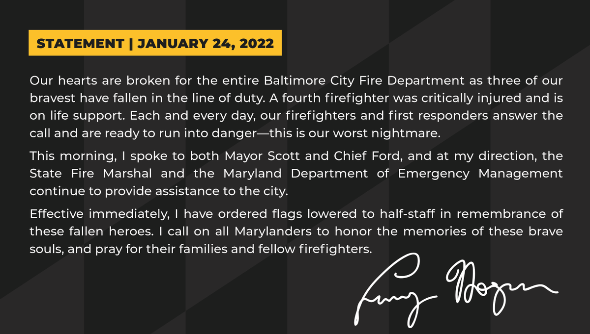 GovLarryHogan's tweet photo. Our hearts are broken for the entire Baltimore City Fire Department as three of our bravest have fallen in the line of duty. My full statement: https://t.co/elRO2Nvnwa
