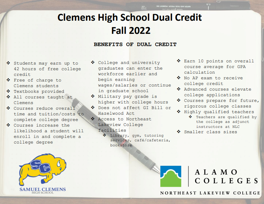 If you are interested in Dual Credit for next year, see the attached flyer regarding the upcoming deadlines. For questions, see Mr. Martinez in H206.#futureready #selfmotivated <a href="/SCUCISD/">SchertzCiboloUC ISD</a> <a href="/SamuelClemensHS/">Clemens High School</a>