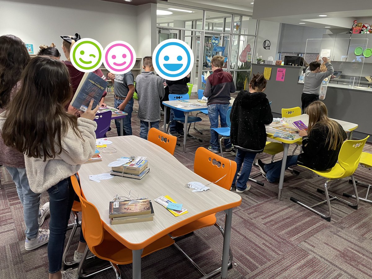 ESC13DL's tweet photo. Today the last group of 5th graders at @FlatoniaISD got their Personal Shopper #book selection. I love how they carefully read each book synopsis. Glad to say we found book matches for ALL of the students! #txlchat  @region13 https://t.co/Jc21fwtfui https://t.co/mrypIT2tEd