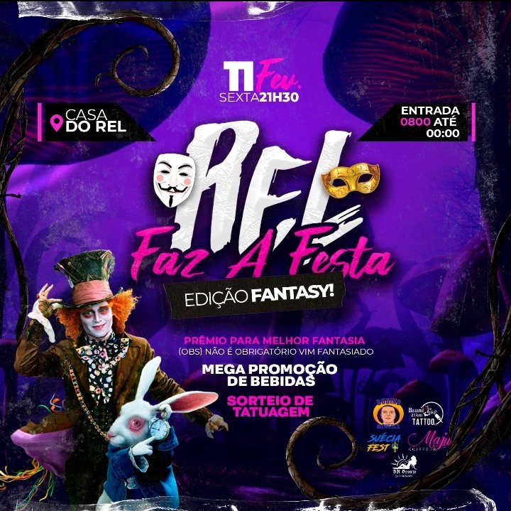 Já Que Vocês Pediram, Então Tá Aí!!!🔥🎉🤪💥

REL FAZ A FESTA!🔥

EDIÇÃO FANTASY! 🎭🥳🎉
- 
ENTRADA 0800 ATÉ MEIA-NOITE

⏰ CHEGUEM CEDOOO!!!

- PREMIAÇÃO PRA MELHOR FANTASIA 🎭🎭

- Preparem Suas Fantasias!!!🔥💃