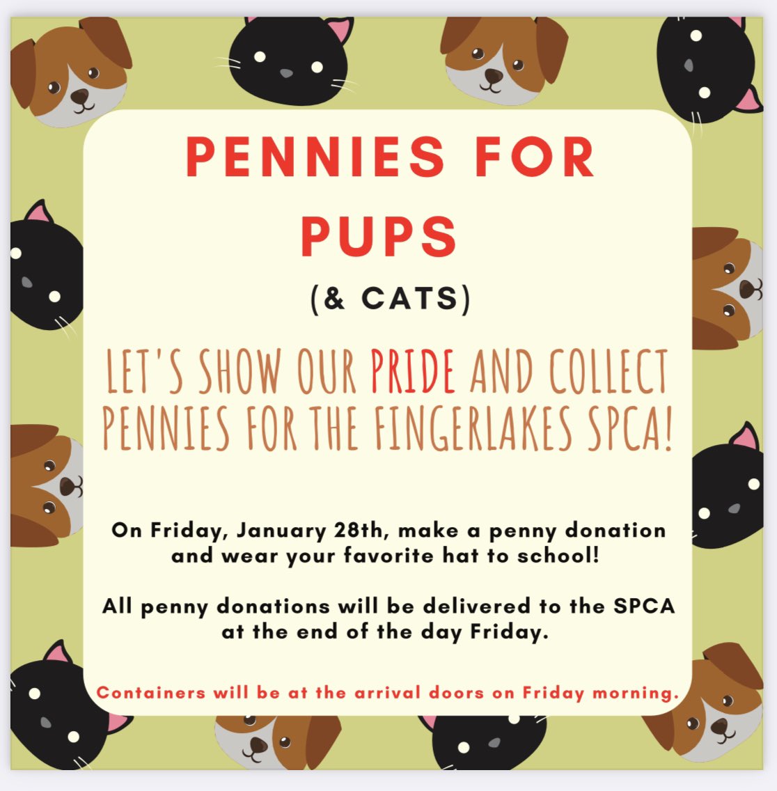 We are celebrating Kindness Week at Genesee. Each day we are reviewing ways to be kind to ourselves and others. On Friday, we will have a special “Pennies for Pups (&amp; cats) Fundraiser to show our kindness towards our community. Please see our flyer for more details!