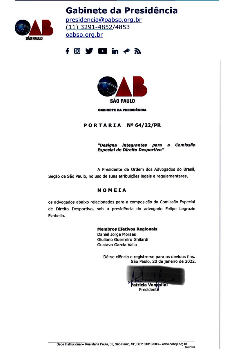 Com muita alegria e satisfação recebi hoje a nomeação como membro efetivo regional para a Comissão Especial de Direito Desportivo da OAB/SP.