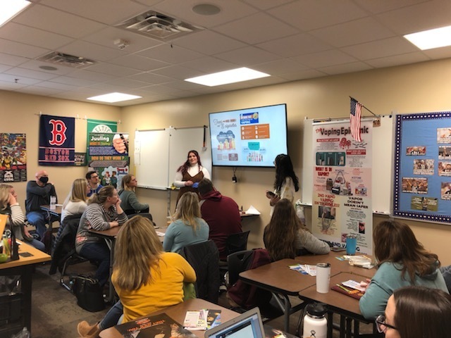 HarrisburgHigh's tweet photo. Harrisburg FCCLA/HOSA members in a partnership with the SD Health Connect are spreading #VapingKnowledge to Harrisburg staff and Region VI FCCLA members this past week. The presentation highlights the dangers and long-term effects of vaping. #tigerworks #tigerproud @sdfccla https://t.co/YfU4RKbLmg