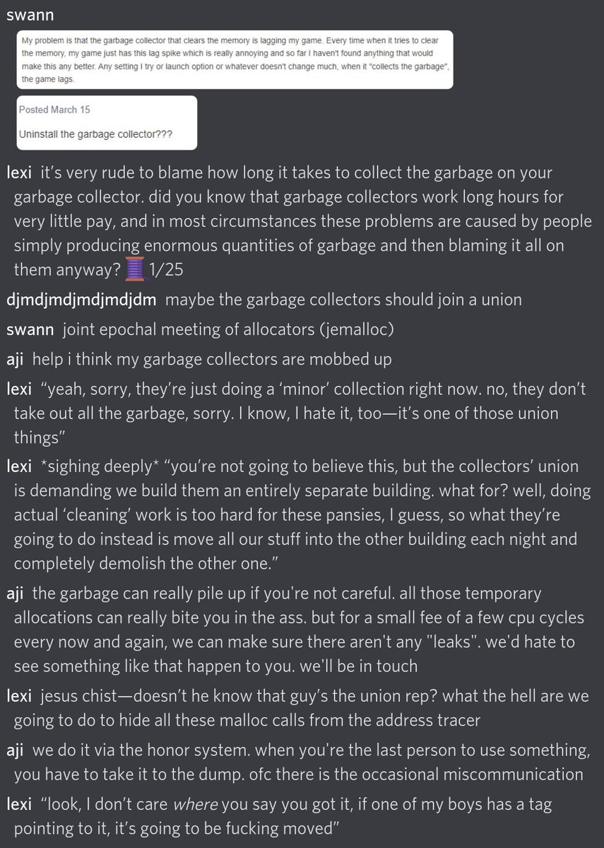 lexi_lambda's tweet image. in which the group chat makes jokes about garbage collectors for fifteen minutes
