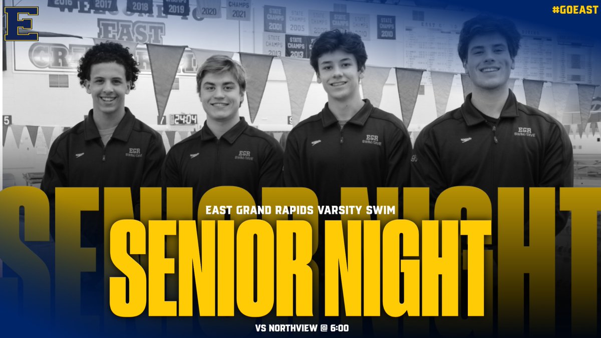 EGR_AD's tweet photo. Tomorrow night is our last home boys swim meet. Come and support the team and celebrate these four seniors, George Samra, Kenny Pontius, Charley Bayer, and Daniel Willison.
#GOEAST https://t.co/7Gm7Y8NDny