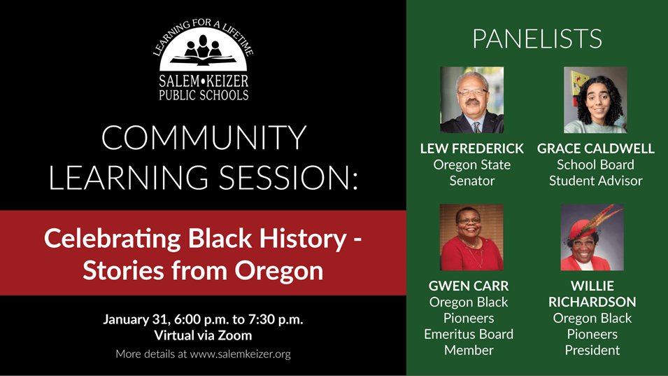 Celebrating Black History Stories from Oregon – Jan. 31 at 6 p.m.
Registration Link: tinyurl.com/4xj5u7r3