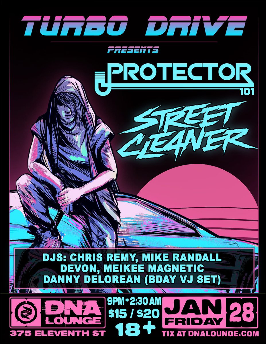 <a href="/Turbodrivesf/">Turbo Drive</a> is this FRIDAY Feat @StreetCleaner82 <a href="/Protector101/">Protector 101</a> + 5 DJs (2 rooms) <a href="/dnalounge/">DNA Lounge</a> TIX: bit.ly/3H3968j