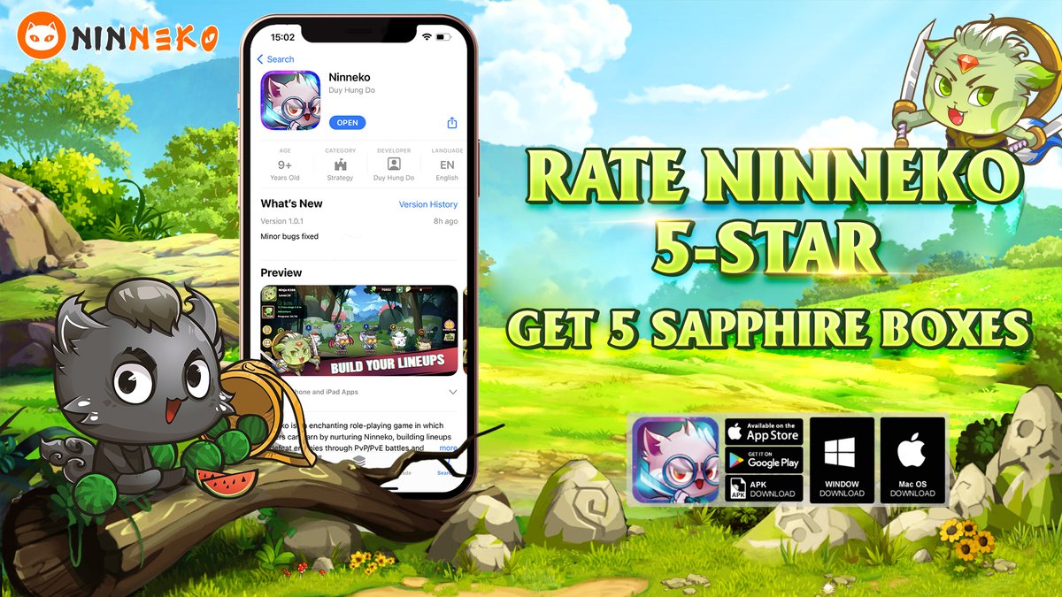 💥RATE NINNEKO 5-STAR - GET 5 SAPPHIRE BOXES

⭐️Step 1: Download Ninneko game on Google Play or Apple Store and rate 5-star, then take a screenshot of the rating.
⭐️Step 2: L.l.K.E &amp; R.E.T.W.E.E.T, comment your screenshot.
⭐️Step 3: Fill in the form here: forms.gle/SAPJuwaYYf1ezr…
