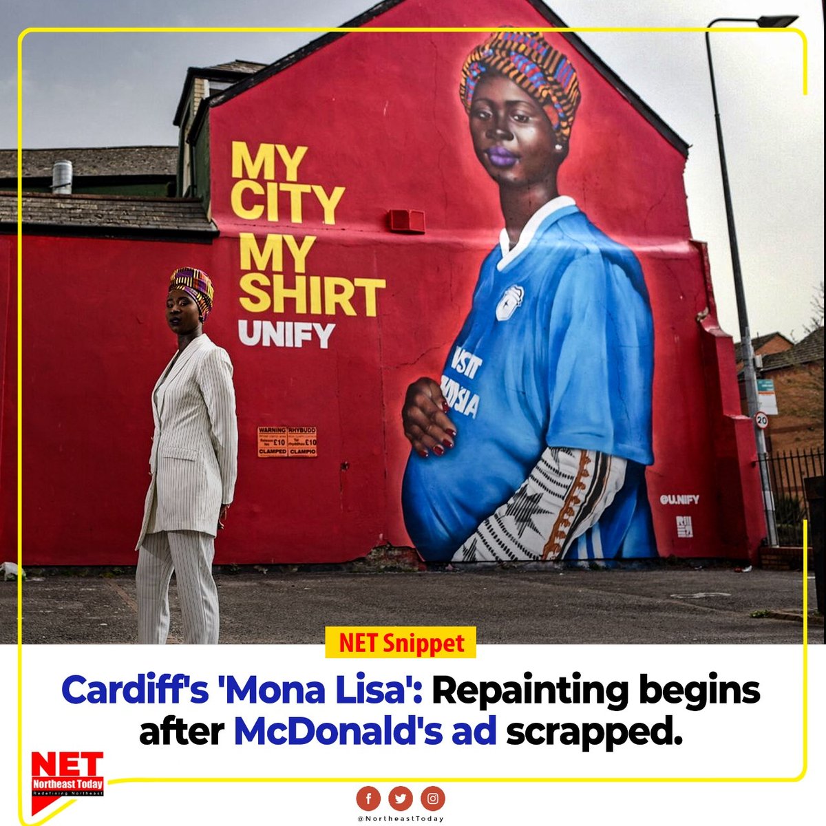 NortheastToday's tweet image. #NETSnippet | Work has begun to restore a mural known as Cardiff's "Mona Lisa" that was painted over to advertise McDonald's burgers.

The artwork, in the Butetown area of Cardiff, was created last spring to promote diversity and inclusion. 

#Cardiffs #MonaLisa #McDonald