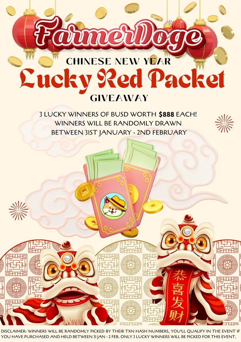 FarmerDogeInc's tweet photo. In celebration of the upcoming Chinese New Year of The Tiger. 

We will be giving away BUSD $888  to 3 winners. 

Winners will be picked in random between 31st Jan - 2nd Feb 2022. 

Good luck! https://t.co/XHnYC7z0My