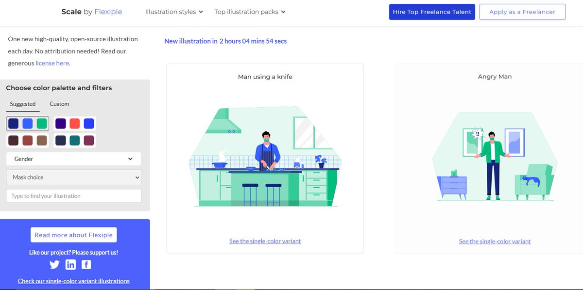 1. ScaleFreeDescription: Bring your ideas to life with Scale. Can change multiple colors, add/remove mask, gender filters, etc.File format(s): SVG, PNGNo attribution requiredLink:  https://2.flexiple.com/scale/multi-color-illustrations