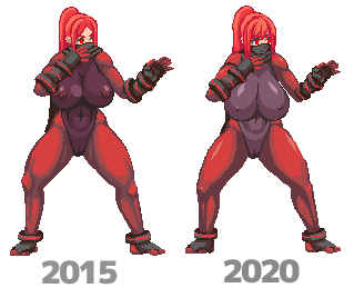 実は今作ってる紅狼は休止中の鬼斬りザンカより前に僕が多分初めて打ったドット絵キャラでした。現在のニュートラルモーションはご覧の通り昔のドットに手を加えたものを使っています。より親しみやすく見えるように顔を大きくして筋肉はちょっと減らしてます。胸もちょっと育ったかな? 