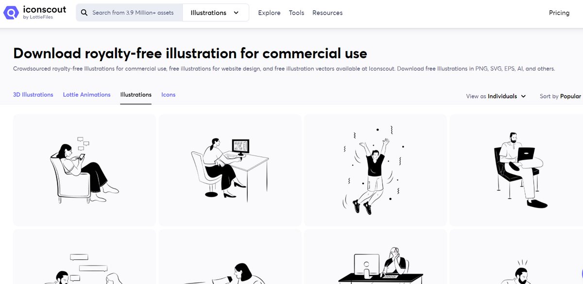 5. IconscoutFreeDescription: Crowdsourced royalty-free Illustrations for commercial use.File format(s): PNG, SVG, EPS and AINo attribution requiredLink:  https://iconscout.com/free-illustrations