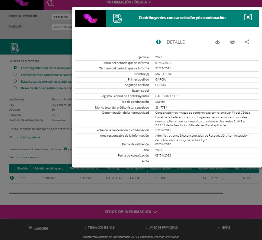 🔺SAT que encabeza Raquel Buenrostro, condonó $8, 847,734.00 a María Teresa García Cubría, esposa del empresario Juan Armando Hinojosa Cantú, dueño de Grupo Higa (el constructor de la casa blanca de Peña Nieto y Angélica Rivera). Fecha de validación. 03/01/2022