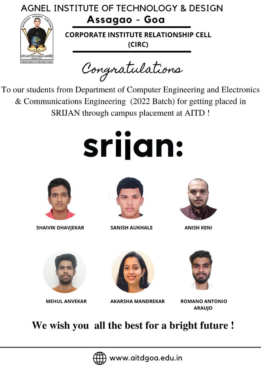 AitdGoa's tweet photo. Congratulations to our students Shaivik Dhavjekar, Sanish Aukhale, Anish Keni, Mehul Anvekar, Akarsha Mandrekar & Romano Araujo for being campus placed at @Srijan.
#aitd #aitdgoa #aitdplacements #campusplacement https://t.co/Q3KSNLTmAW