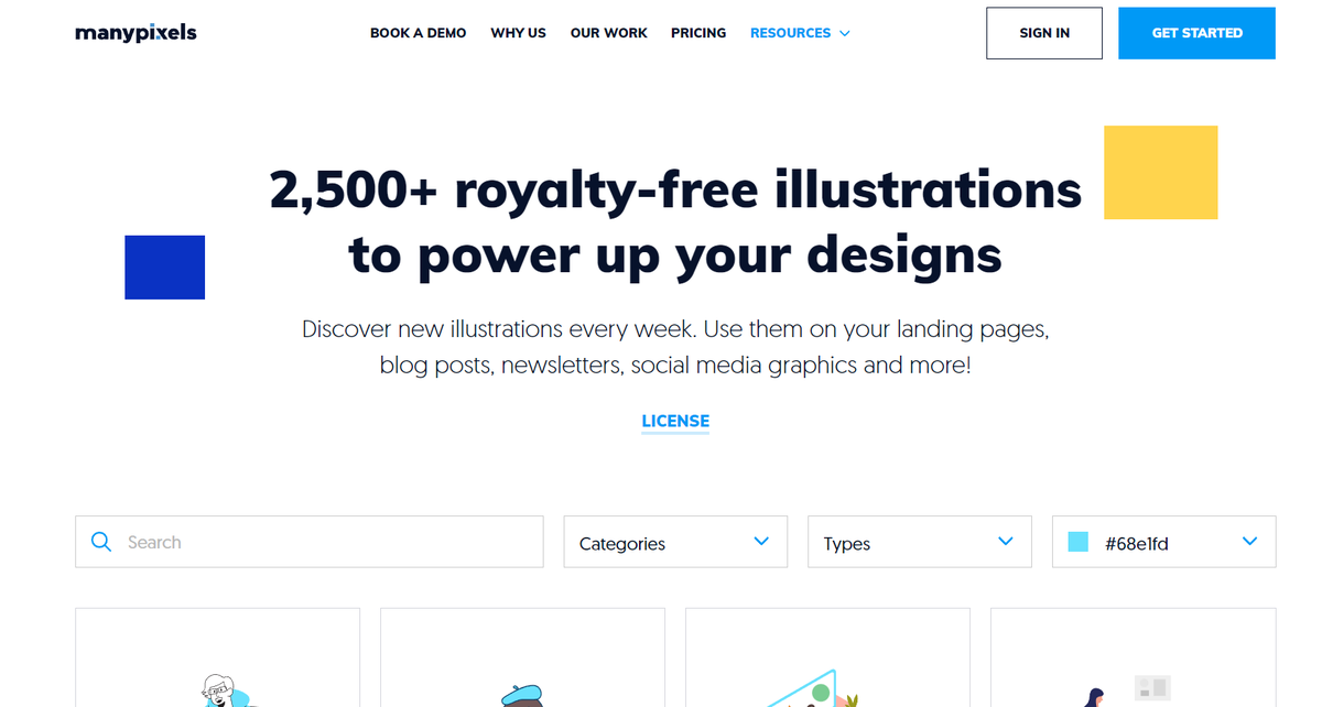 3. ManyPixelsFreeDescription: 2500+ illustrations to power up your designs. Can tweak color and sort based on categories.File format(s): Source files, SVG and PNGNo attribution requiredLink:  https://www.manypixels.co/gallery 