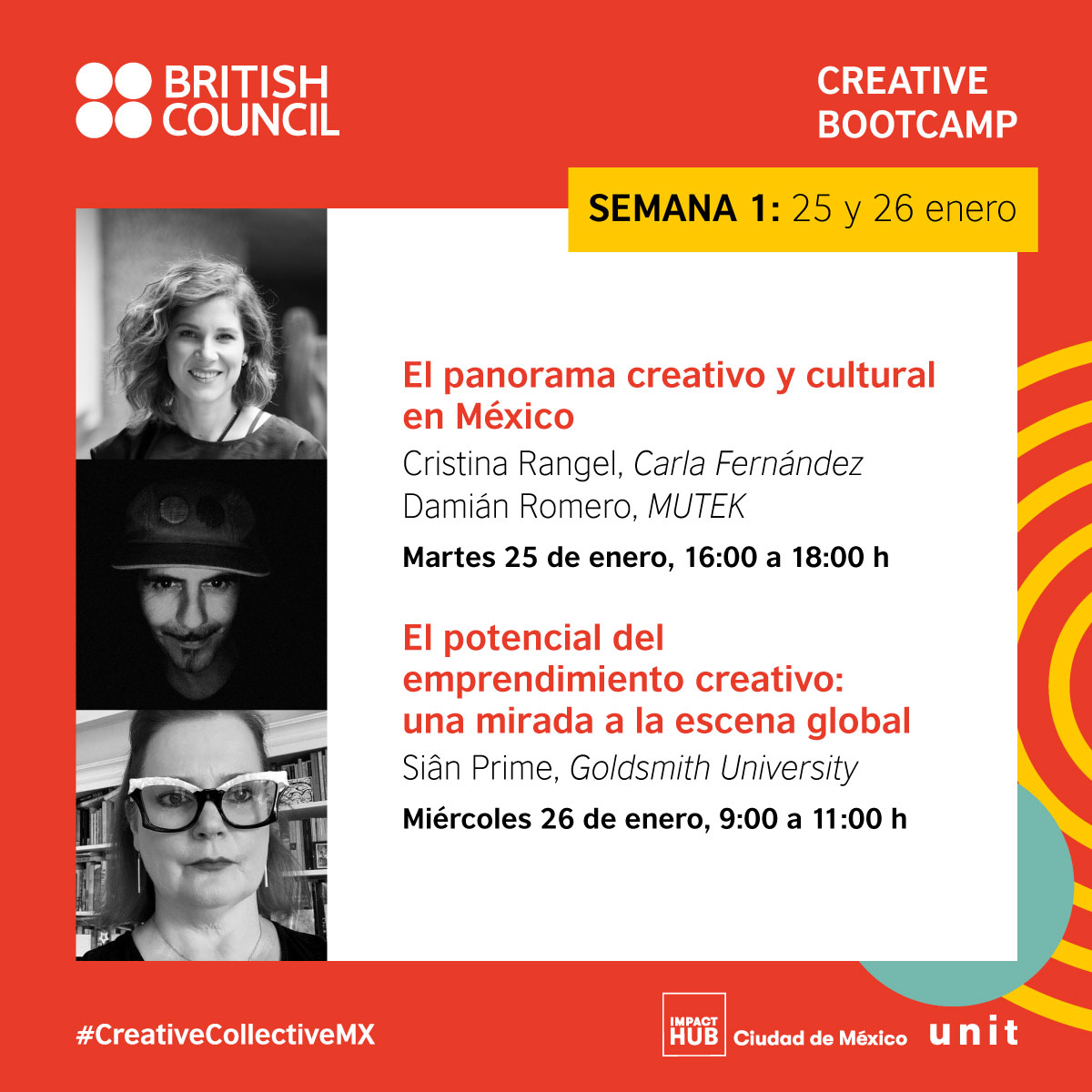 mxbritish's tweet photo. 🧑🎨 Comenzamos #CreativeBootcamp con dos conferencias magistrales.
El panorama creativo y cultural en México
📅 Ene 25 🕰 16H
El potencial del emprendimiento creativo: una mirada la escena global
📅 Ene26 🕰 9H
✉ No olvides revisar tu correo para obtener los accesos. https://t.co/NQdb2hdkGY