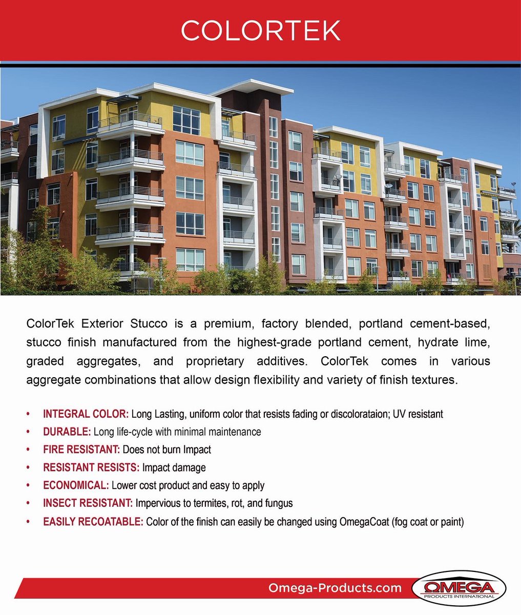 Omegaproducts's tweet photo. ColorTek Exterior Stucco is a premium, factory blended, portland cement-based, stucco finish manufactured from the highest-grade portland cement, hydrate lime, graded aggregates, and proprietary additives.
#omegaproducts #colortek #stucco #americanmade https://t.co/Xx1NFbDhGX