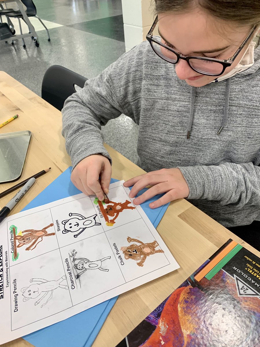 5th graders were working on learning about the different materials used to create a drawing. I have Ss create the same drawing of their choice using each material. I’m teaching them how to make their own choices &amp; how artists experiment to find the best material for their idea.