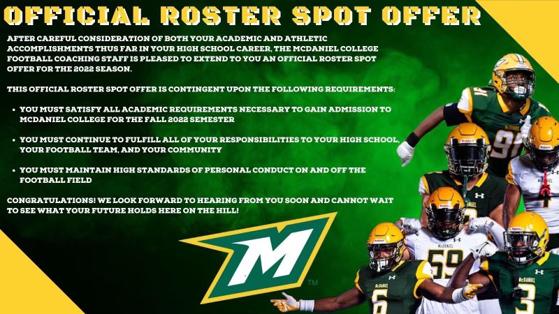 Clint_Stewart14's tweet photo. After a great conversation with @CoachWhiteMcD I’m very excited and blessed to say I have an official roster spot offer from McDaniel College 🟢🟡. Big thanks to coach @CoachWhiteMcD and @McDanielFBall for this opportunity!! @FHS_Football1 @SportsMajors https://t.co/u8HP7Gntjq