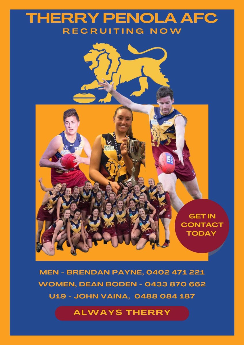 Spread the word. Therry Penola AFC is now recruiting for season 2022! There’s no better time to jump on board so get in contact with one of our coaches or our social media pages if you need any more information. <a href="/VAFA_HQ/">VAFA</a> #alwaystherry