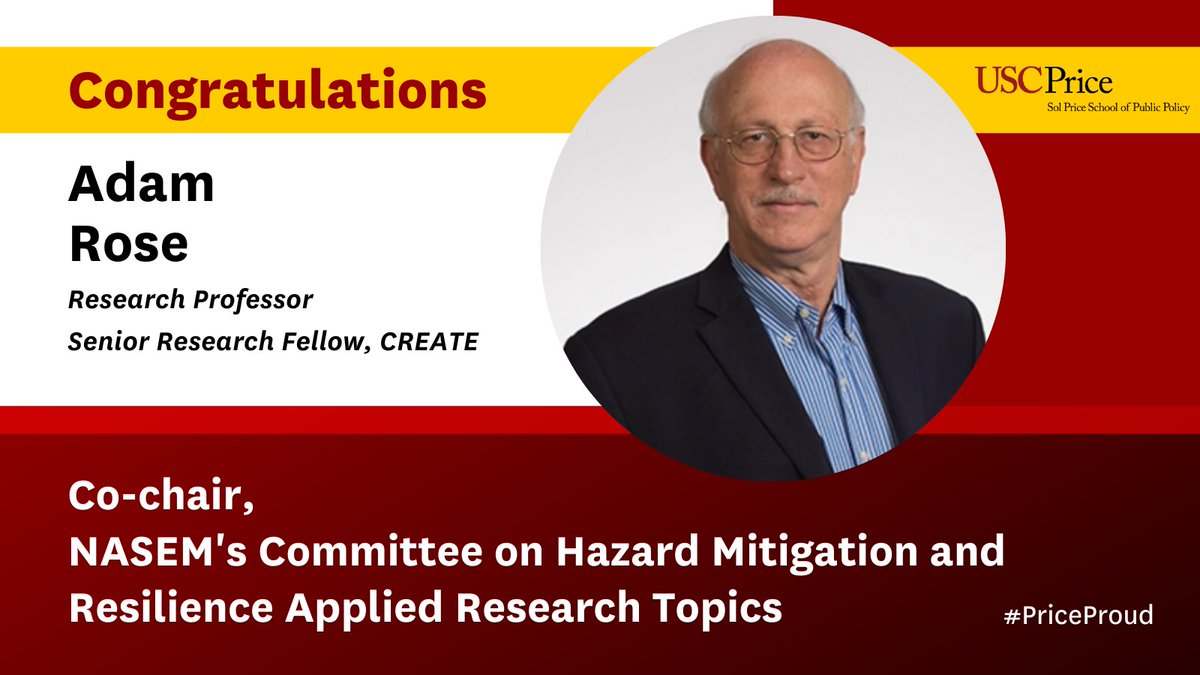 Congratulations to <a href="/CREATE_USC/">USC CREATE</a> Senior Research Fellow and Research Professor Adam Rose who has been announced co-chair of <a href="/theNASEM/">National Academies</a>'s Committee on Hazard Mitigation and Resilience Applied Research Topics! #PriceProud

For more information, visit: ow.ly/Tfk850HBTev 

<a href="/USC/">USC</a>