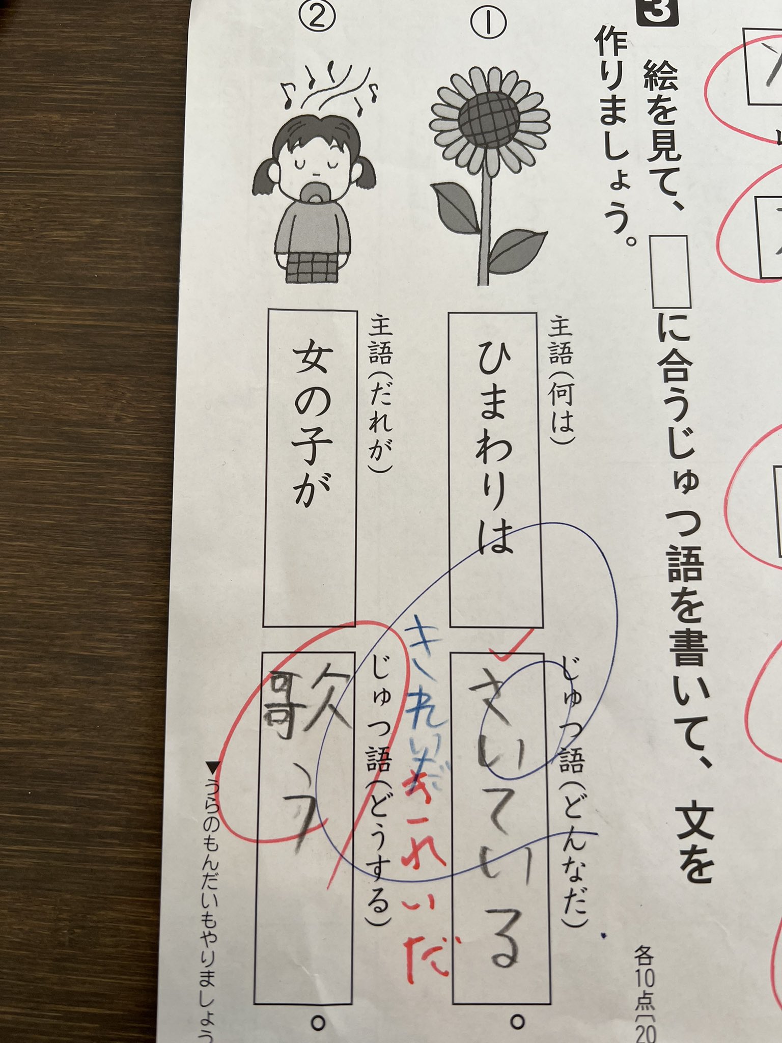 かたひで 小学二年生の国語の問題 主語述語を書く問題だけど ひまわりの方 どんなだ を問われてるから 咲いている だと間違いなのか 形容詞を書け ってこと どんなだ がポイント 教えるのむずいな 小学二年 国語 T Co Lcdgb1oznd