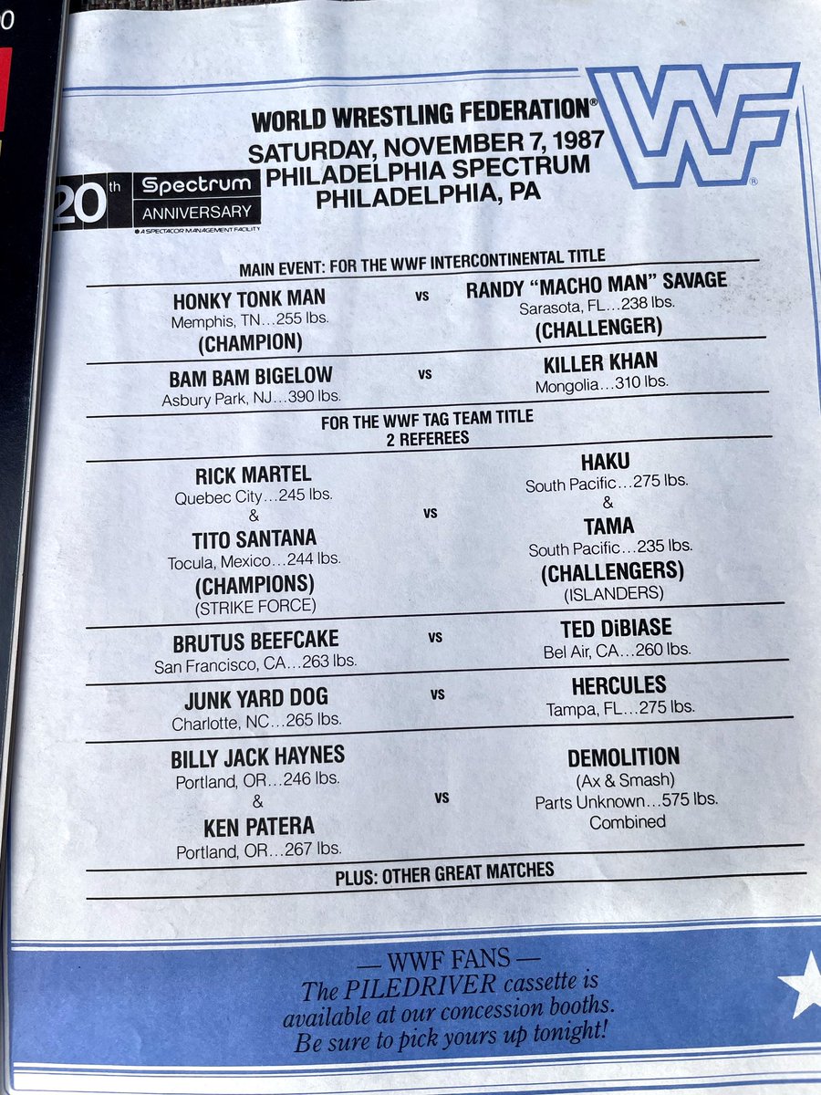 TheCip41's tweet photo. cleaned out my storage unit yesterday & I came across this Program & inside was a Cool Ass surprise BTW w/ some badass legends too❗️#PhillySpectrum #OldskoolWWF #TYDad https://t.co/9Qq5R7oAUv