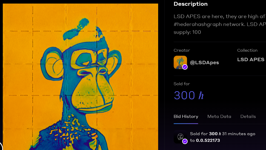 LSDApes's tweet photo. Our first #LSDApe sold just after 15 min of listing it! Thanks to whoever got it, we are very excited for this project, might be minting few more today, stay alert! #HederaNFT #hederahashgraph #NFT $HBAR https://t.co/k2GJX86utD