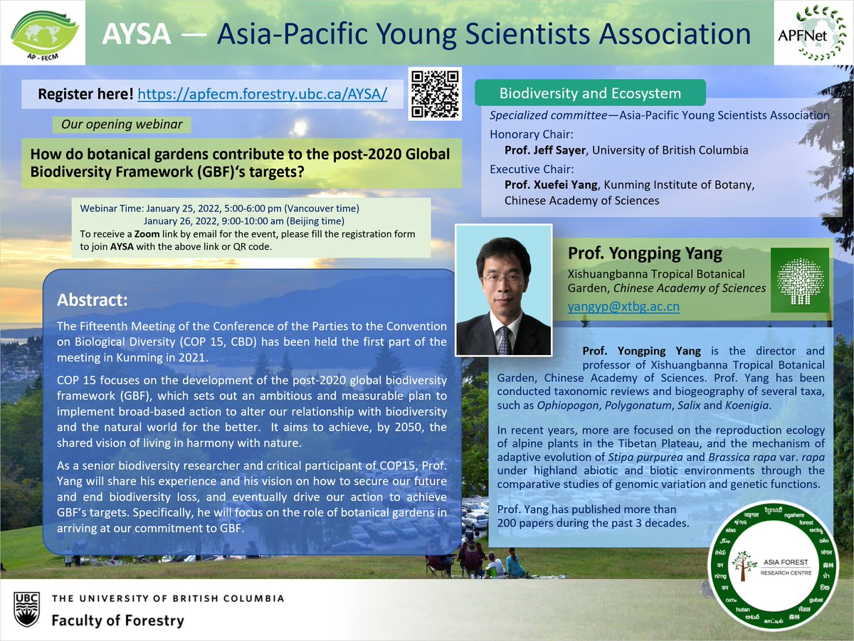 afrc_ubc's tweet image. Our opening webinar on Biodiversity and Ecosystem on Jan 25, 5pm (Vancouver time) Zoom: ubc.zoom.us/j/64690972964?…
Meeting ID: 646 9097 2964
Passcode: 324568