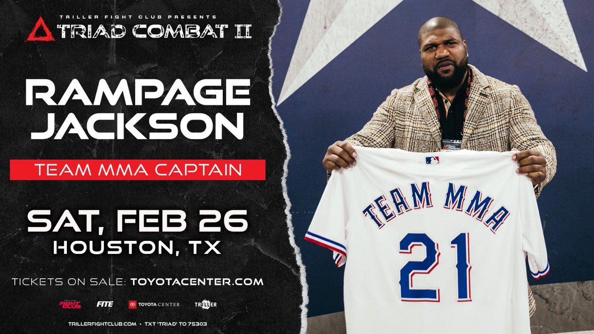 trillerfight's tweet photo. .@TheCannonBriggs returns to #TrillerFightClub as captain for #TeamBoxing 🥊 While @rampagejackson will lead #TeamMMA 👊🏽 Pick your corner! 🔺 #TriadCombat2
🎟️ https://t.co/3QnRPslC6N
🗓️ Feb. 26
📍 @ToyotaCenter
👀 @FiteTV
#TriadCombat #triller https://t.co/kDdVnahLNL