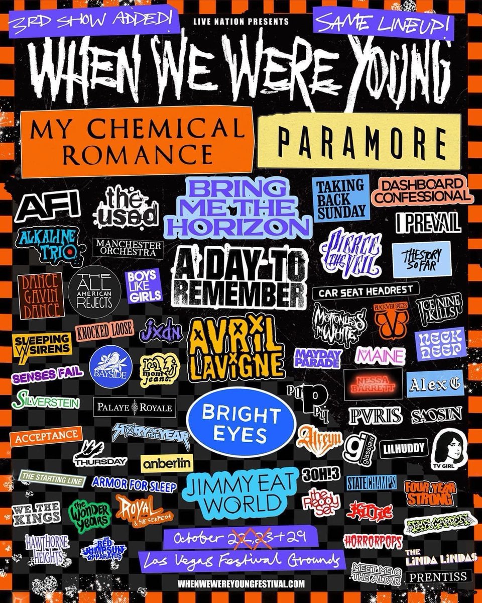blackveilbrides's tweet photo. Day 3 of #WhenWeWereYoung just added! Tix on sale Jan 31
Yes it’s real. 
Yes we will be playing all 3 days.
Yes we knew about this since last year.
Yes it’s possible for this many bands to play. 
No we aren’t worried. We have played many festivals like this before. https://t.co/veQAdCYJ4S