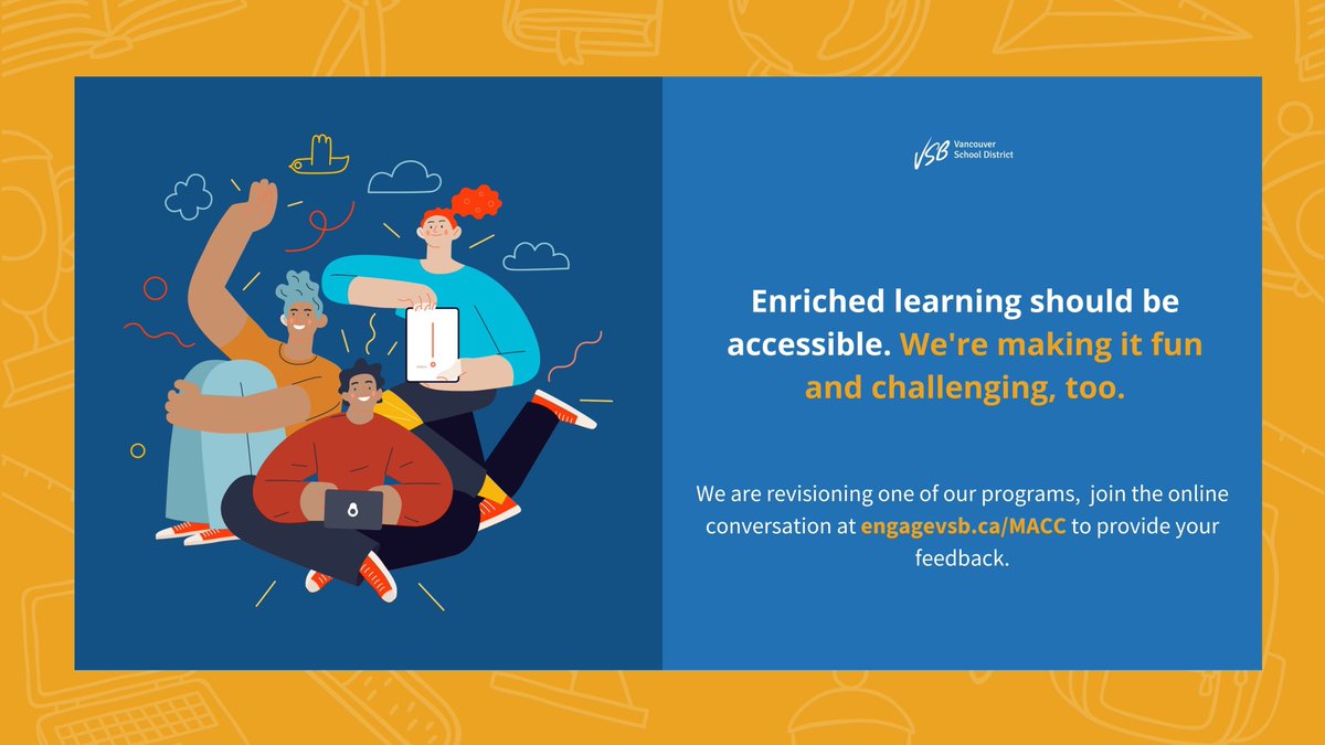 VSB39's tweet photo. We are revisioning Multi-Age Cluster Classes – an enriched learning program for grades 4-7. We’re making the program more equitable for students across Vancouver.

🌟Go to https://t.co/eg3B2YCpC0 to share your ideas. https://t.co/63hdEX2JEd