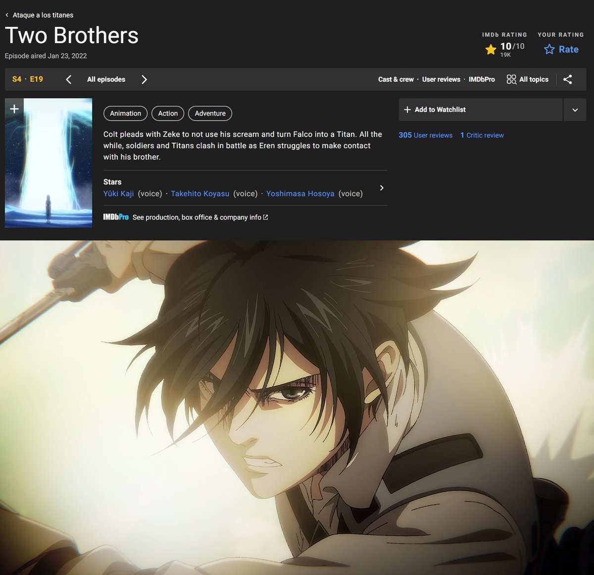 ElMundoShiro's tweet photo. Durante varias horas, el tercer episodio de la segunda parte del #Anime "Shingeki no Kyojin: The Final Season (Attack on Titan)", emitido el pasado 23 de enero y titulado "Two Brothers", mantuvo una calificación perfecta en la #InternetMovieDatabase (#IMDb). #shingeki. https://t.co/2jQkSPPi07