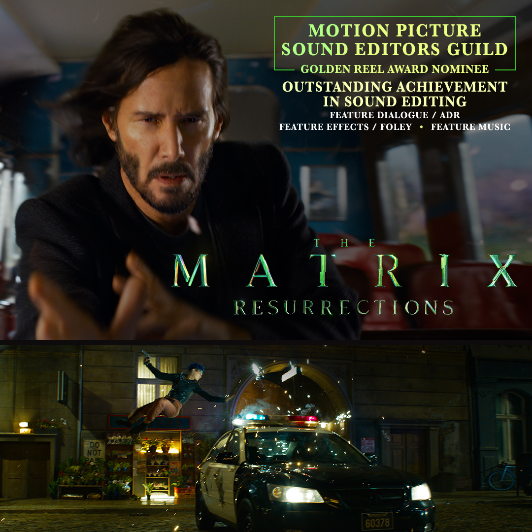 #TheMatrix Resurrections has been nominated for the @MPEG700 Golden Reel Award for Outstanding Achievement in Sound Editing: Feature Dialogue/ADR, Feature Effects/Foley, and Feature Music! Congratulations to the entire music department on your incredible work!