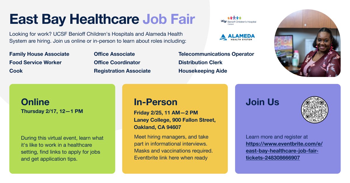 UCSFBenioffOAK's tweet photo. We're partnering with @AlamedaHealth to host an East Bay Healthcare Job Fair! Join this two-part event starting Feb. 17 to learn what it’s like working in a healthcare setting and to hear about open positions. Register here: https://t.co/OHVsNFreGP https://t.co/pwH057O5Je