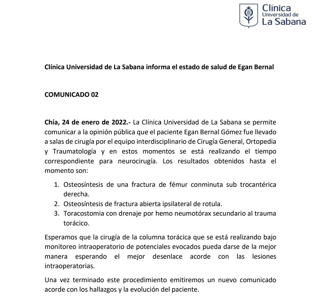 CiclismoInter's tweet photo. Nuevo comunicado sobre la situación de Egan Bernal🇨🇴 (INEOS Grenadiers).

🔲 Fractura de fémur conminuta sub trocantérica derecha.

🔲 Fractura abierta ipsilateral de rótula.

🔲 Hemo neumotórax secundario al trauma torácico.

https://t.co/qmtNQVx1No #ciclismo https://t.co/QyahtU4QOn