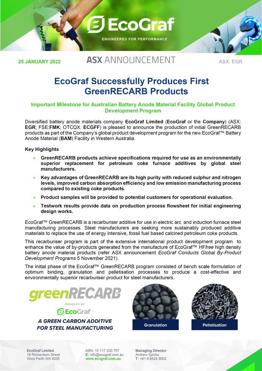 EcoGraf's tweet image. EcoGraf Successfully Produces First GreenRECARB Products. Important Milestone for Australian #BatteryAnodeMaterial Facility Global Product Development Program. Read #ASX Announcement: bit.ly/3fQzjLE

ASX: $EGR FSE: $FMK OTCQX: $ECGFF

#GreenRECARB #Sustainability #HFfree