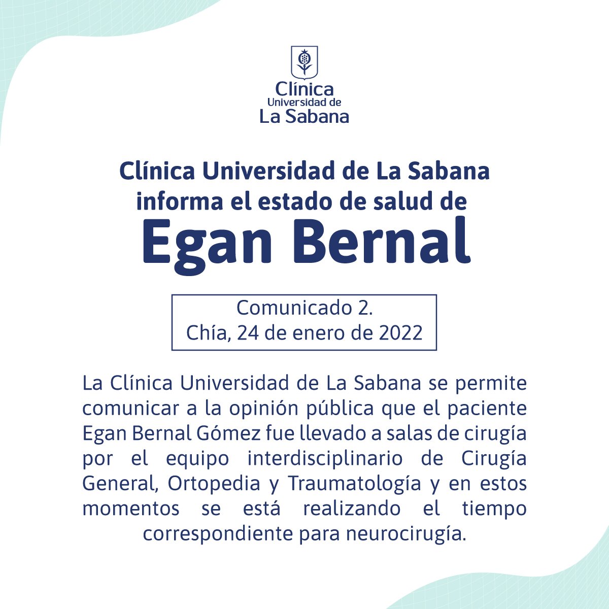 RolloPublico's tweet photo. Comunicado #2dw la @ClinicaUsabana en el que informa que @Eganbernal está en sala de cirugía. https://t.co/CcVIiowy8T